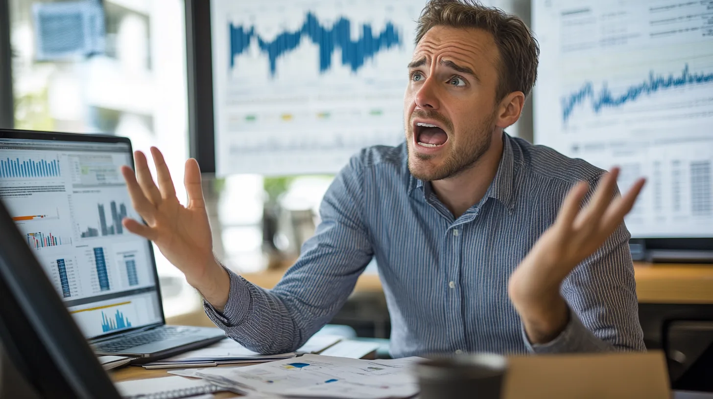 En frustrerad person vid en dator med affärsdiagram på skärmen. Bilden visar en stressfylld kontorsmiljö som speglar ekonomiska utmaningar. Perfekt för artiklar om finansiella kriser och arbetsrelaterad stress.Midcent: Ekonomi.