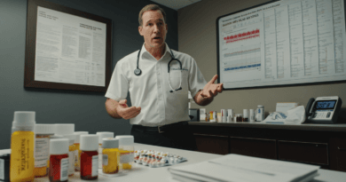 Midcent: Doktor i klinik med medicinflaskor och diagram. Hälsa.