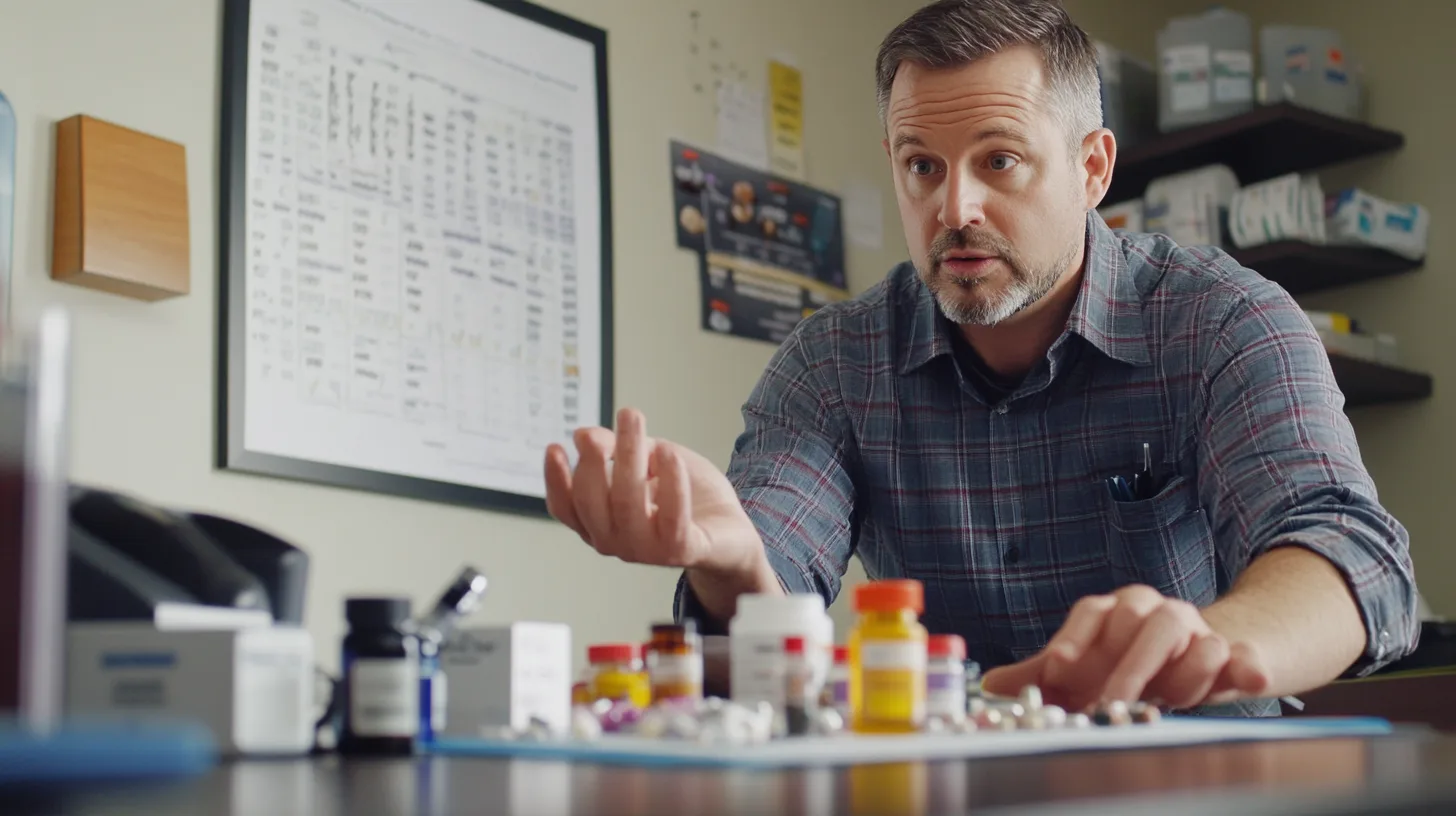 Midcent - Hälsa: En man diskuterar mediciner vid ett skrivbord fullt av pillerflaskor och förpackningar. Bilden ger en inblick i medicinska konsultationer och läkemedelsrådgivning. Perfekt för innehåll om medicinsk rådgivning och läkemedel.