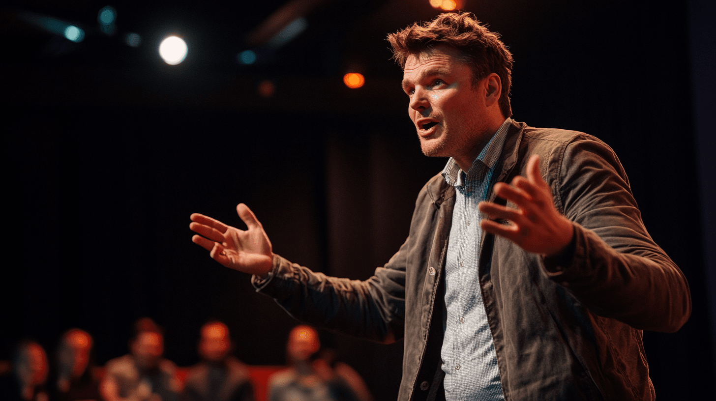 En medelålders man engagerad i en presentation, klädd i kavaj, omgiven av publik i en mörklagd lokal. Energi och passion syns i kroppsspråket under framträdandet. Midcent Teknik.