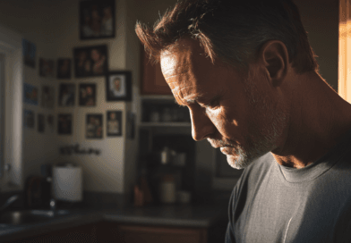 Midcent: En medelålders man fångad i eftermiddagssolens sken, med en eftertänksam och reflekterande blick i hemmamiljö. Fotoväggar i bakgrunden ger värme och personlighet. Kategori: Samhälle.