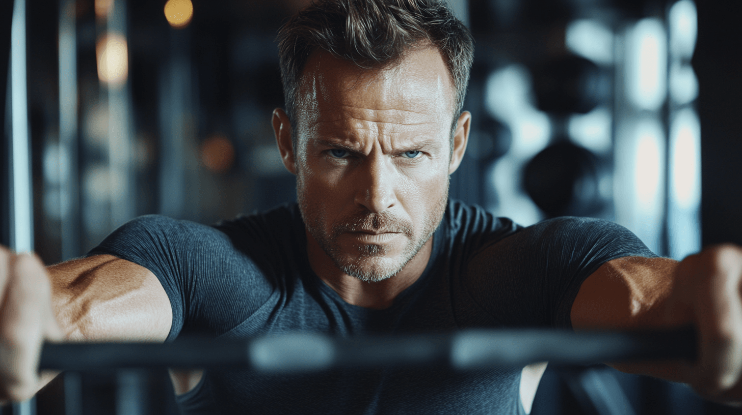 Midcent: En medelålders man tränar intensivt på gymmet med fokus och styrka. Bilden speglar hängivenhet och fysisk kondition, perfekt för inspiration till träning och hälsa. Kategori: Hälsa.