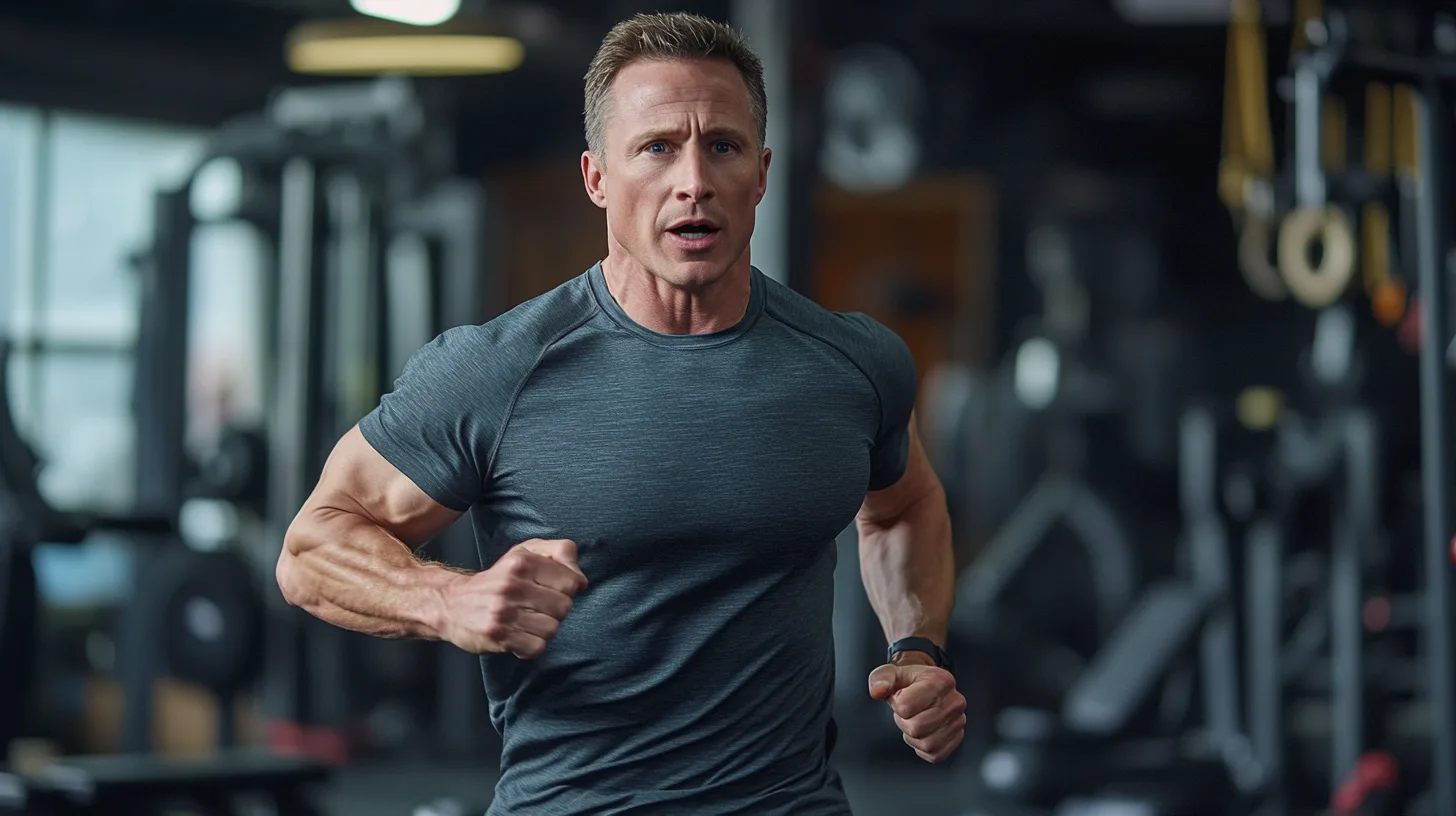 Midcent: En medelålders man tränar intensivt på gymmet och visar upp fysisk styrka och hälsa. Målmedvetenhet och fitness i fokus. Kategori: Hälsa.