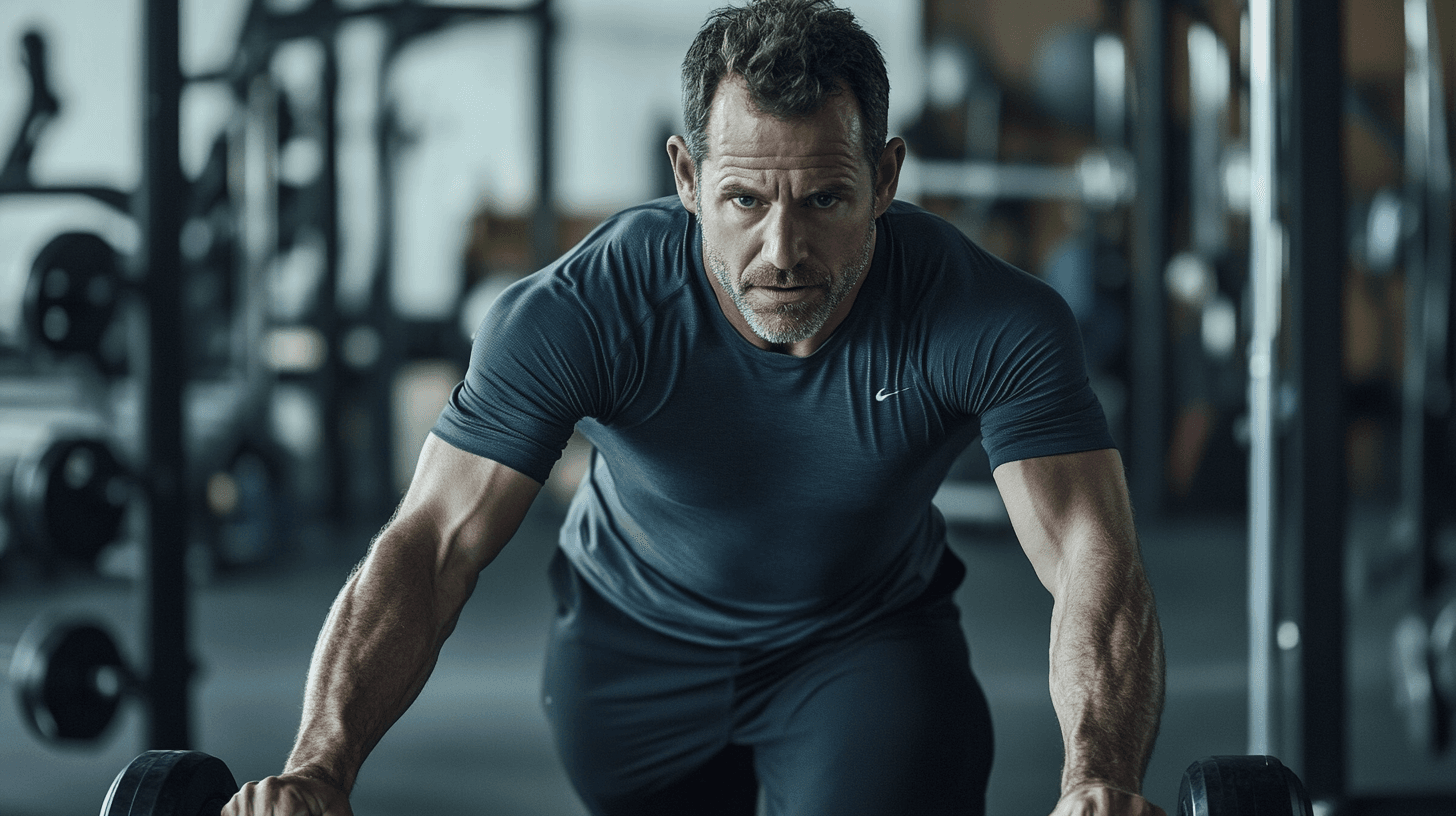En medelålders man tränar intensivt på gymmet med en fokuserad blick. Hans muskulösa fysik och atletiska hållning visas tydligt i den energiska miljön.Midcent - Hälsa.