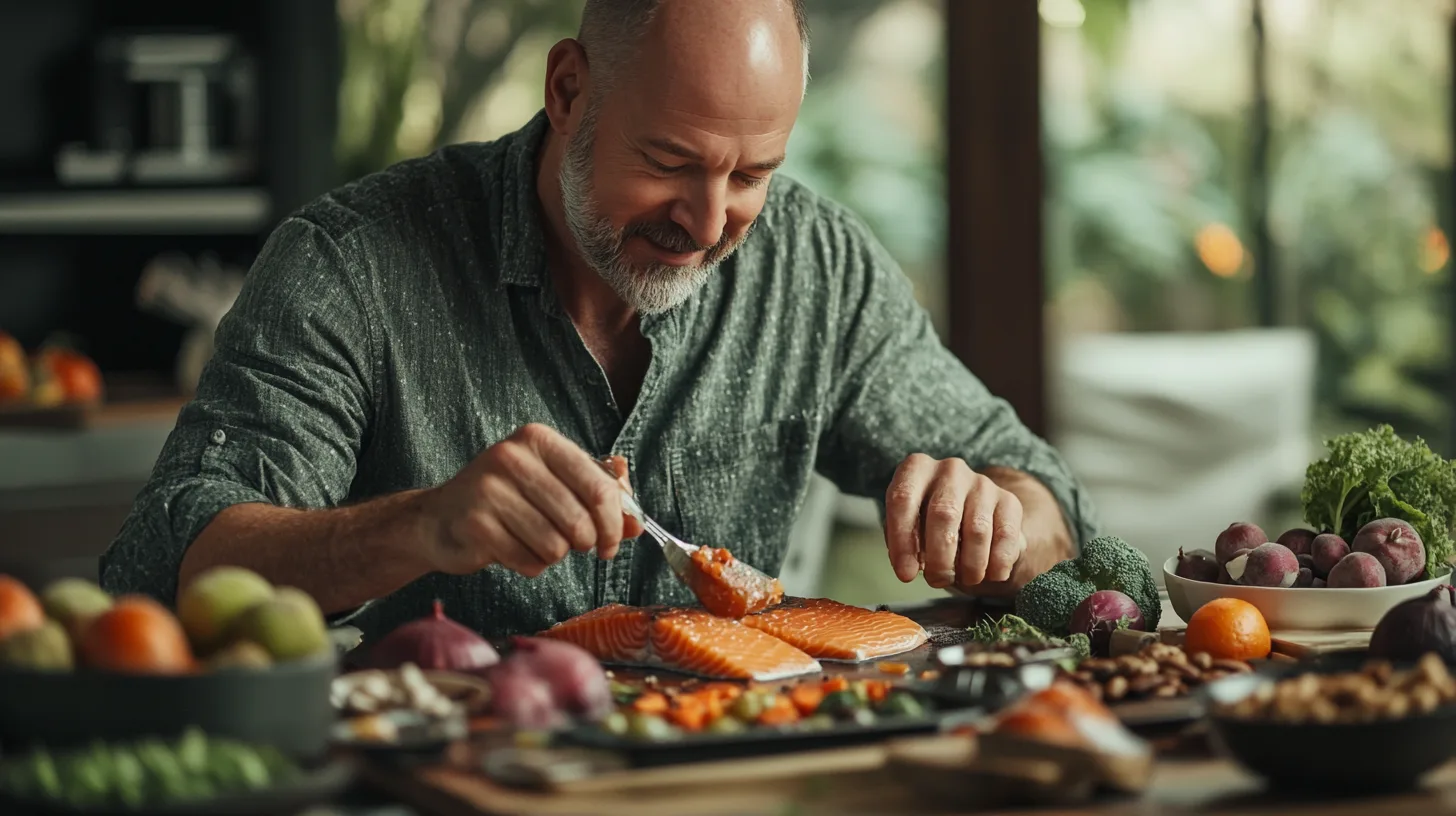 En medelålders man förbereder en hälsosam måltid med lax och färska grönsaker i ett modernt kök. Harmoniska färger och naturliga ingredienser skapar en inbjudande atmosfär. Midcent Mat.
