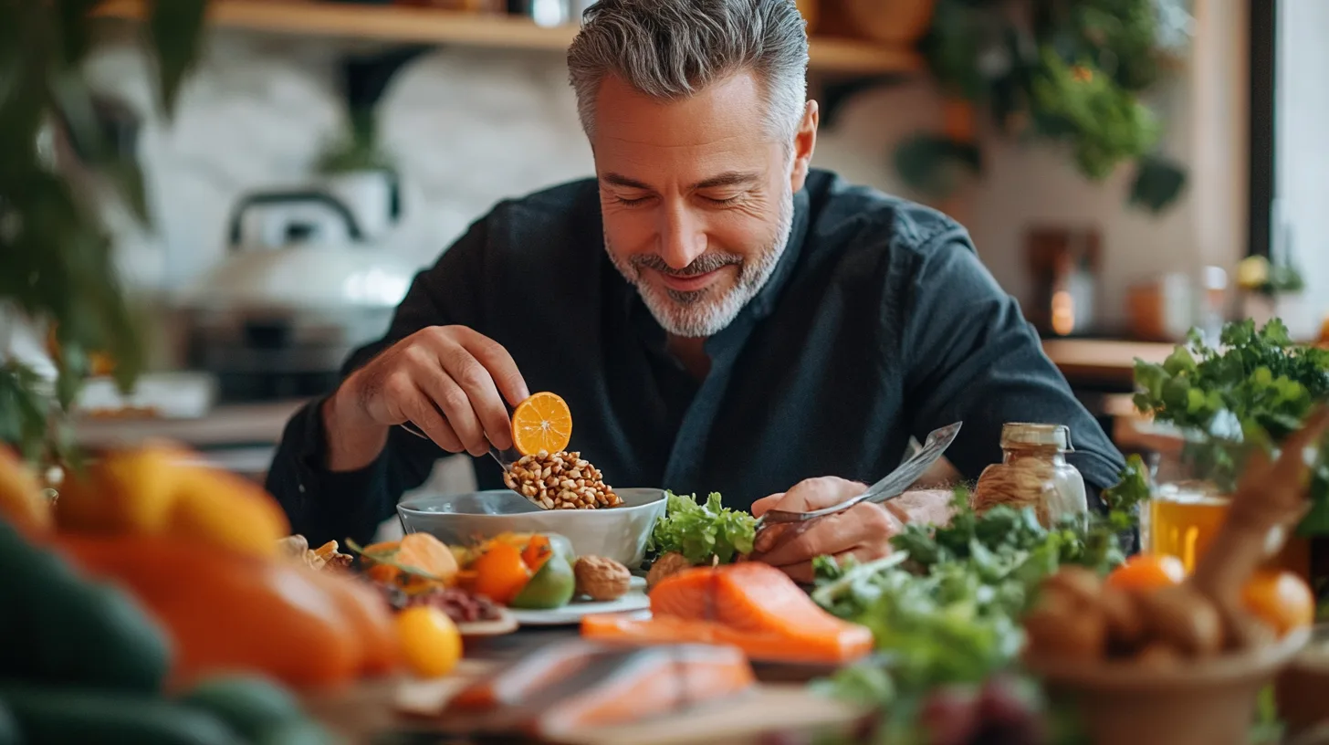 Midcent: En medelålders man njuter av en hälsosam måltid i ett kök fyllt med färska grönsaker och lax. Mat.
