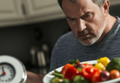 Midcent: En medelålders man tittar allvarligt på en tallrik med färgrika grönsaker, eventuellt för att kontrollera sin kost och hälsa. Bilden kan symbolisera vikten av näringsrik mat och att upprätthålla en balanserad livsstil.