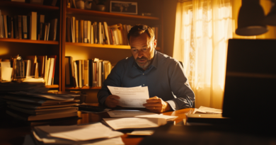 Midcent: En fokuserad man läser dokument vid ett skrivbord, omgiven av böcker och papper. Solens strålar skapar en varm atmosfär i rummet. Perfekt för att illustrera koncentration och arbete. Kategori: Ekonomi.
