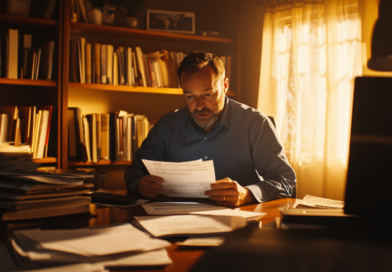 Midcent: En fokuserad man läser dokument vid ett skrivbord, omgiven av böcker och papper. Solens strålar skapar en varm atmosfär i rummet. Perfekt för att illustrera koncentration och arbete. Kategori: Ekonomi.