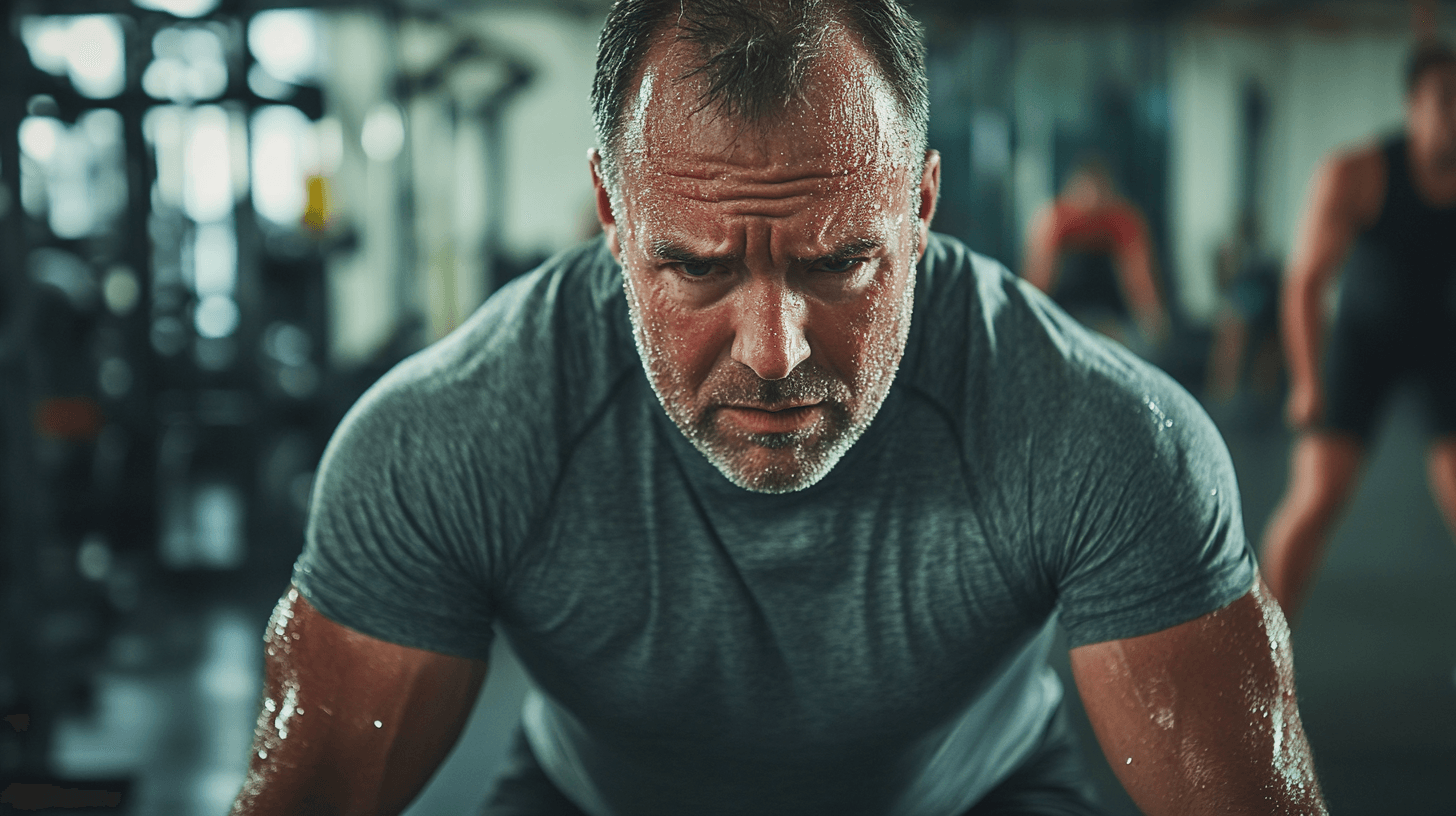 En medelålders man tränar intensivt på gymmet, med fokus och beslutsamhet. Svetten tyder på hög intensitet och dedikation till fitness och hälsa. Midcent. Kategori: Hälsa.
