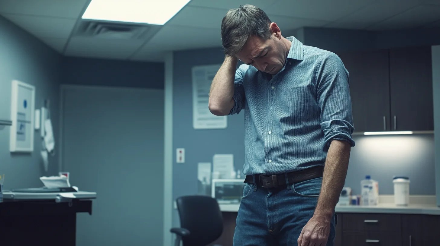 Midcent: En medelålders man i ett kliniskt kontor syns orolig. Han står ensam i ett sterilt rum, klädd i casual klädsel. Ambiance andas hälsa och eftertanke. Kategori: Hälsa.