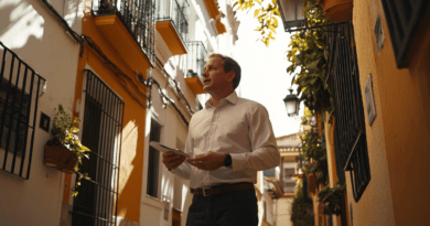 Midcent: En medelålders man promenerar genom en pittoresk, solbelyst gränd kantad av traditionella byggnader och grönska, vilket skapar en känsla av lugn och upptäcktsresande. Perfekt för resor.