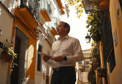 Midcent: En medelålders man promenerar genom en pittoresk, solbelyst gränd kantad av traditionella byggnader och grönska, vilket skapar en känsla av lugn och upptäcktsresande. Perfekt för resor.