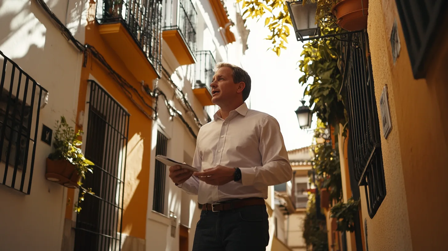 Midcent: En medelålders man promenerar genom en pittoresk, solbelyst gränd kantad av traditionella byggnader och grönska, vilket skapar en känsla av lugn och upptäcktsresande. Perfekt för resor.
