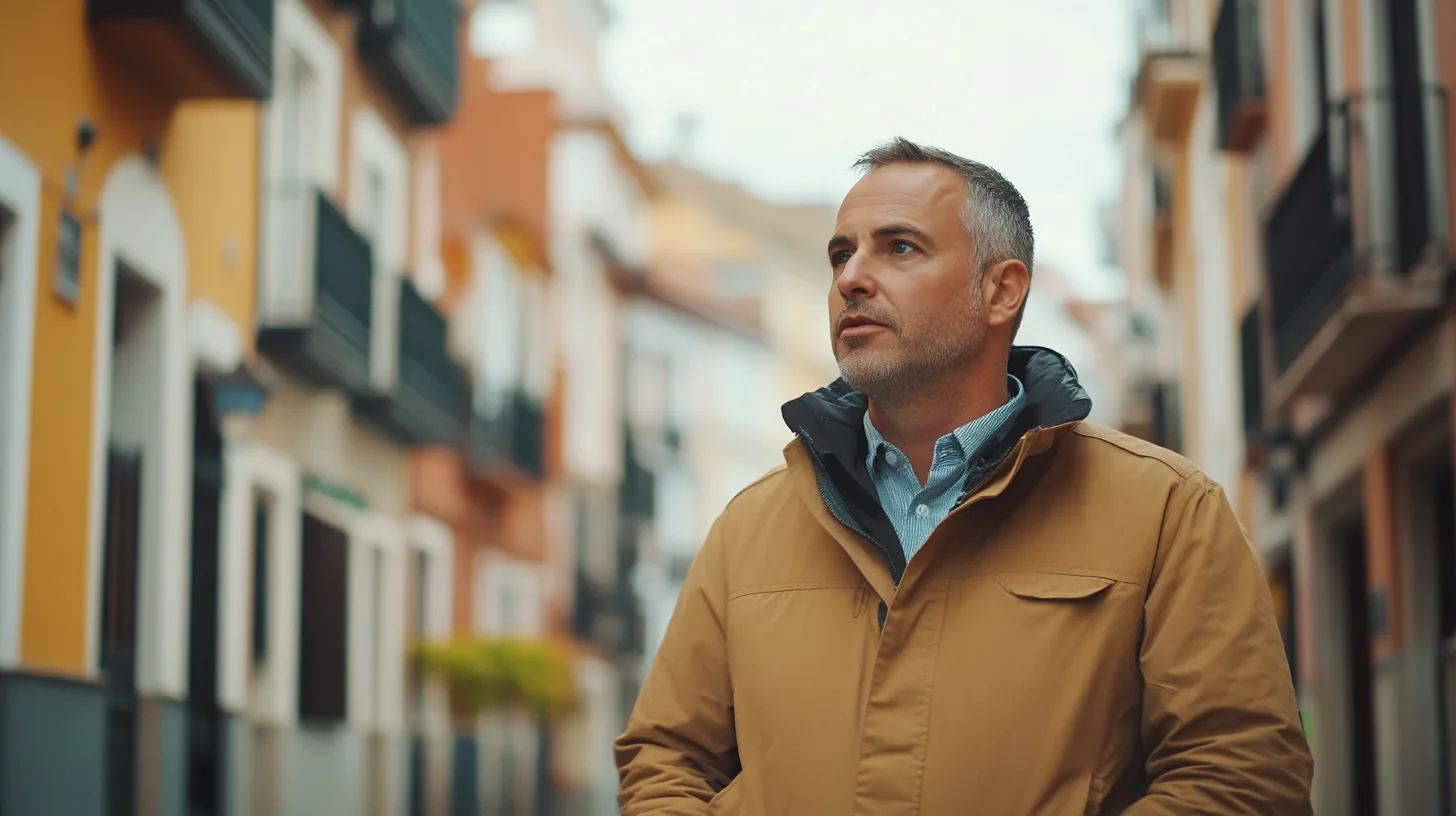 En medelålders man promenerar genom en färgglad stadsdel med fokus på utforskning. Bilden fångar en känsla av nyfikenhet och äventyr. Midcent. Kategori: Resa.