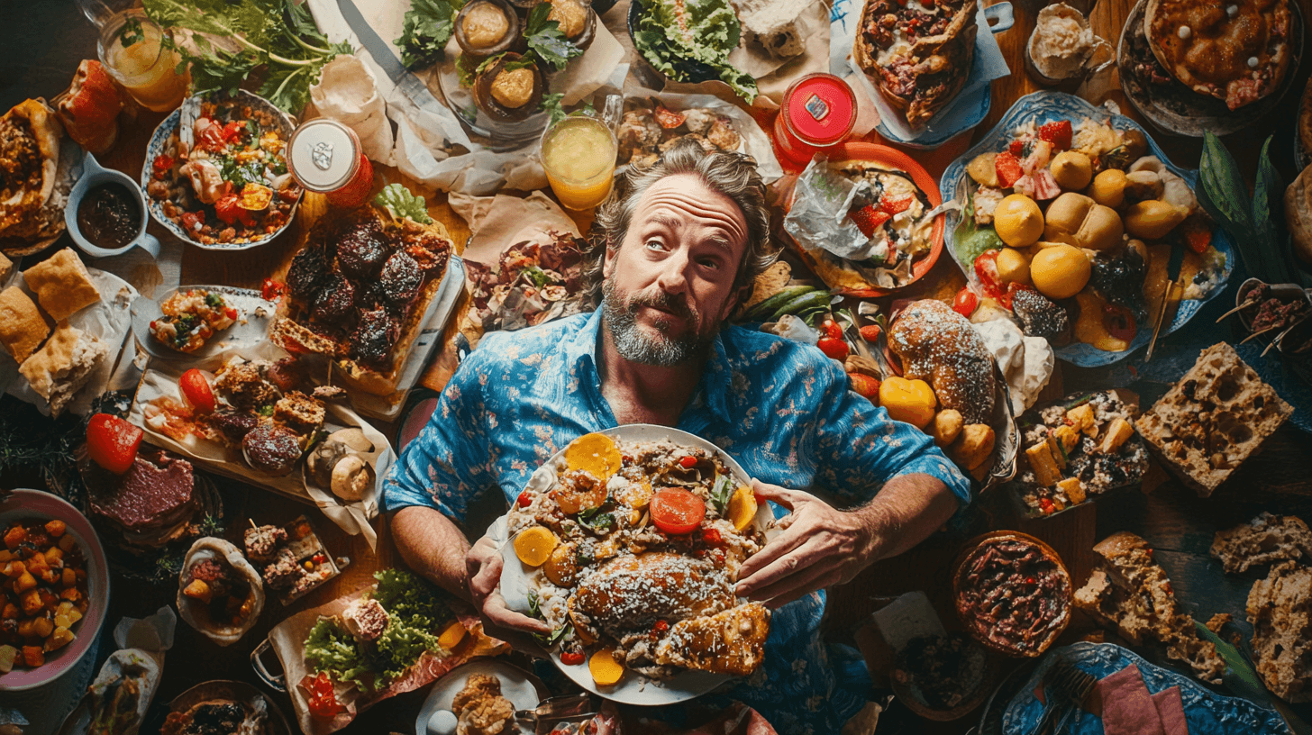 En medelålders man omgiven av en färgglad buffé av mat och dryck. Bilden framhäver en rik gastronomisk upplevelse med fokus på variation och smak. Nyckelord: mat, buffé, fest. Midcent - Mat.