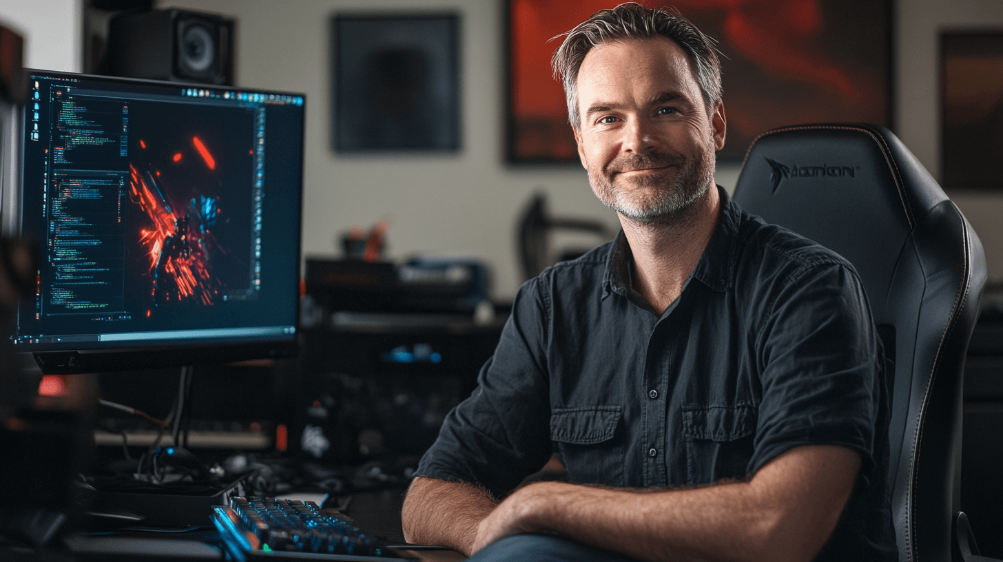 En medelålders man sitter vid en dator med programmeringskod på skärmen. Han ser nöjd ut i sin moderna arbetsmiljö. Midcent. Teknik.