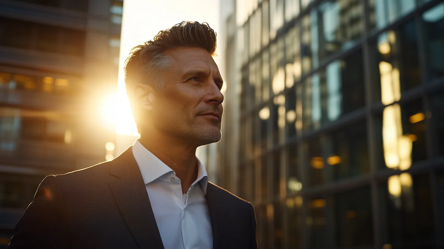 Midcent: En stilig affärsman står i en modern stadsmiljö med solen i ryggen, vilket ger bilden en inspirerande och professionell känsla. Man ser skyskrapor omkring honom, vilket förmedlar en storstadsvibb. Teknik.