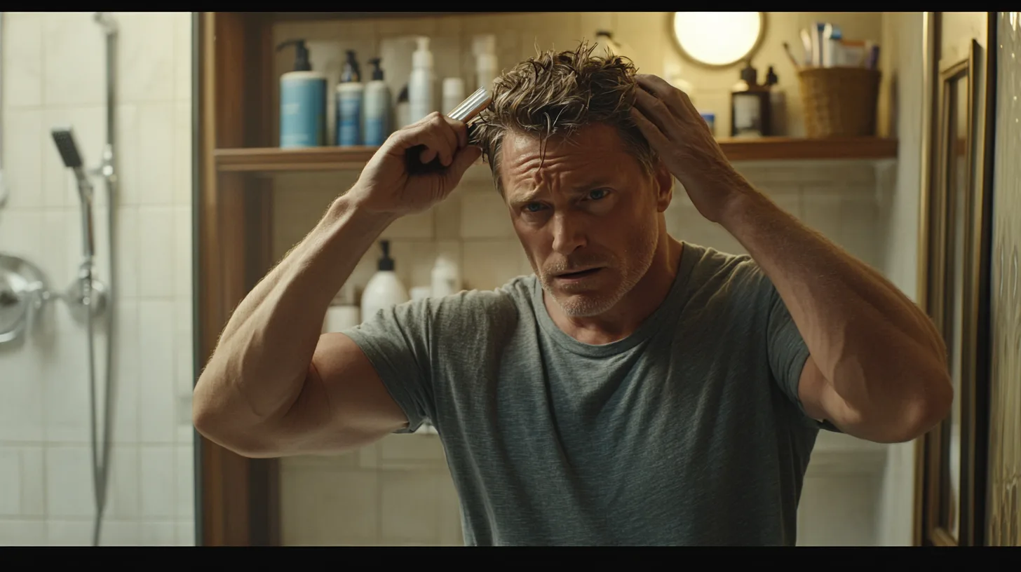 Midcent: En medelålders man tar hand om sitt hår i ett badrum, omgiven av olika hårvårdsprodukter. Bilden illustrerar vardaglig skönhetsvård och personlig omvårdnad med fokus på stil och självförtroende. Kategori: Hälsa.