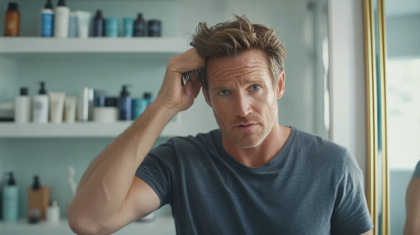 Midcent: En medelålders man står framför en spegel i ett badrum och kammar håret. Bakom honom syns flera flaskor med skönhetsprodukter. Bilden ger ett intryck av personlig vård och grooming. Kategori: Hälsa.