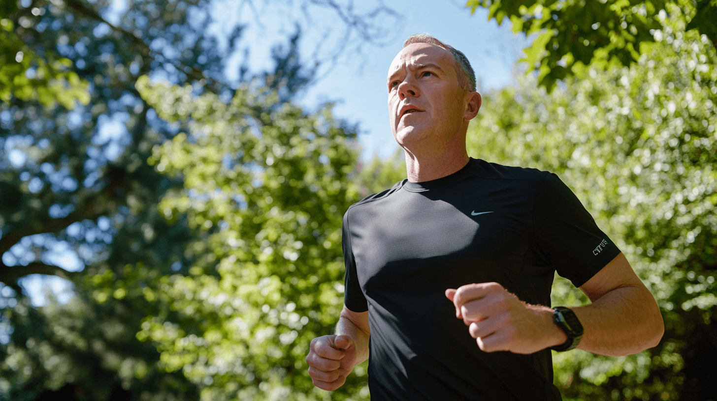 Midcent: En medelålders man joggar i grönskande miljö, vilket symboliserar hälsa och välbefinnande. Upplev frisk luft och motion i naturen. Kategorin för bilden är Hälsa.