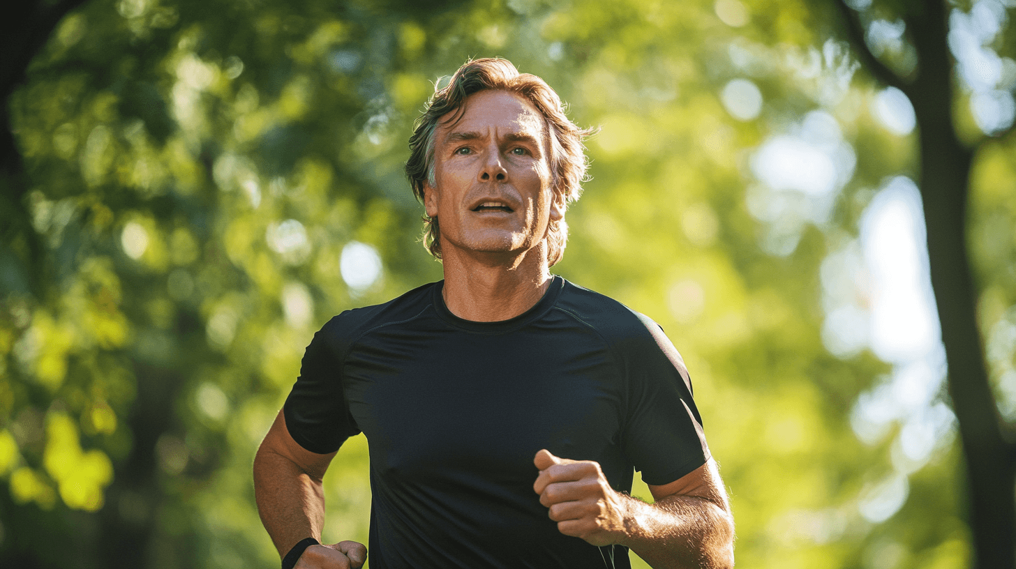 Midcent: En medelålders man joggar i en solig park, omgiven av gröna träd. Hans fokuserade uttryck och träningskläder speglar hälsa och fitness. Perfekt inspiration för en aktiv livsstil. Kategori: Hälsa.