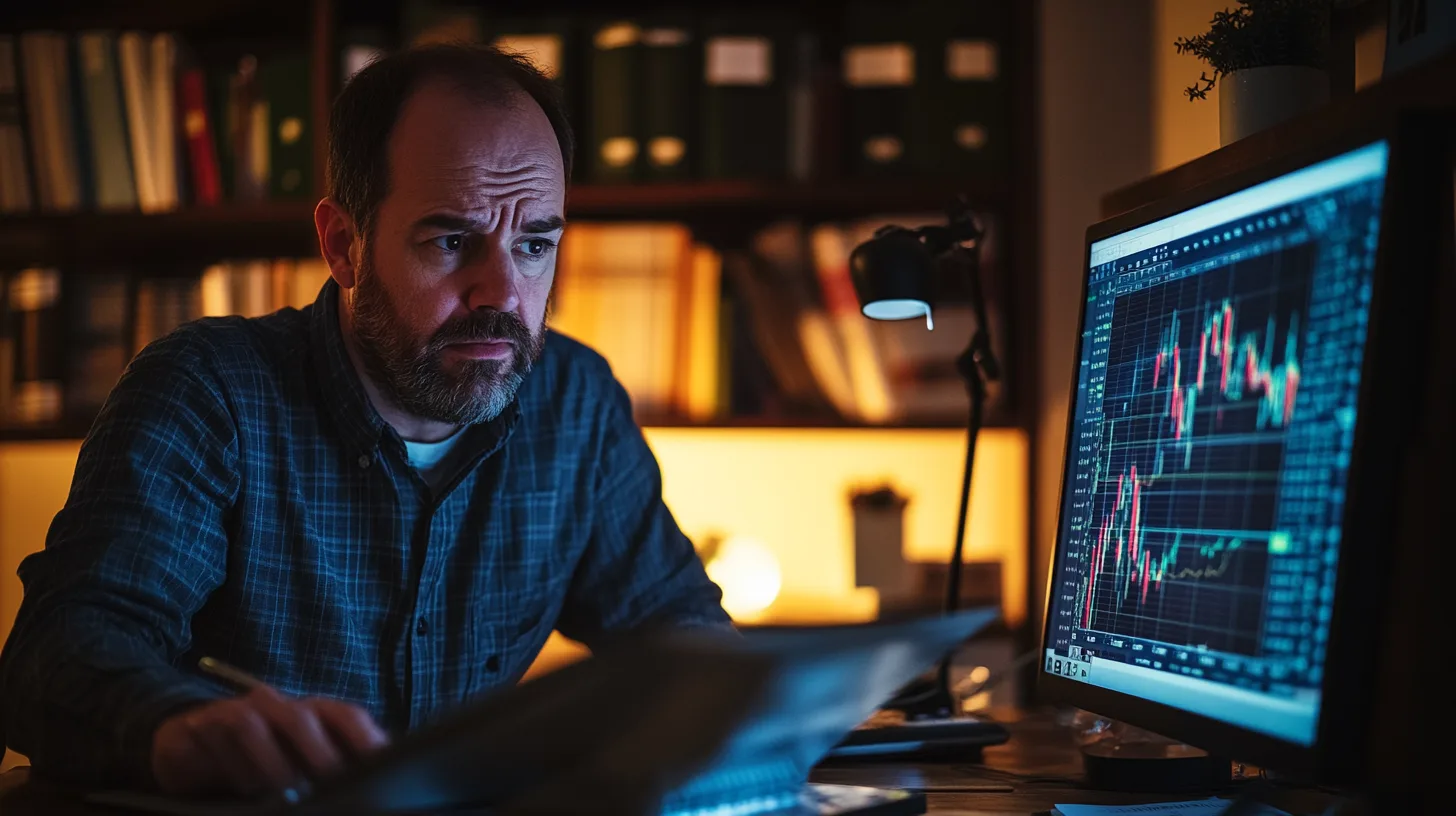 Midcent presenterar en koncentrerad man framför en dator, analyserandes aktiegrafer i kvällsbelysning. Perfekt för illustrerande artiklar om finansanalys och börstrender. Bilden förmedlar fokus, strategi och ekonomisk förståelse. Kategori: Ekonomi.