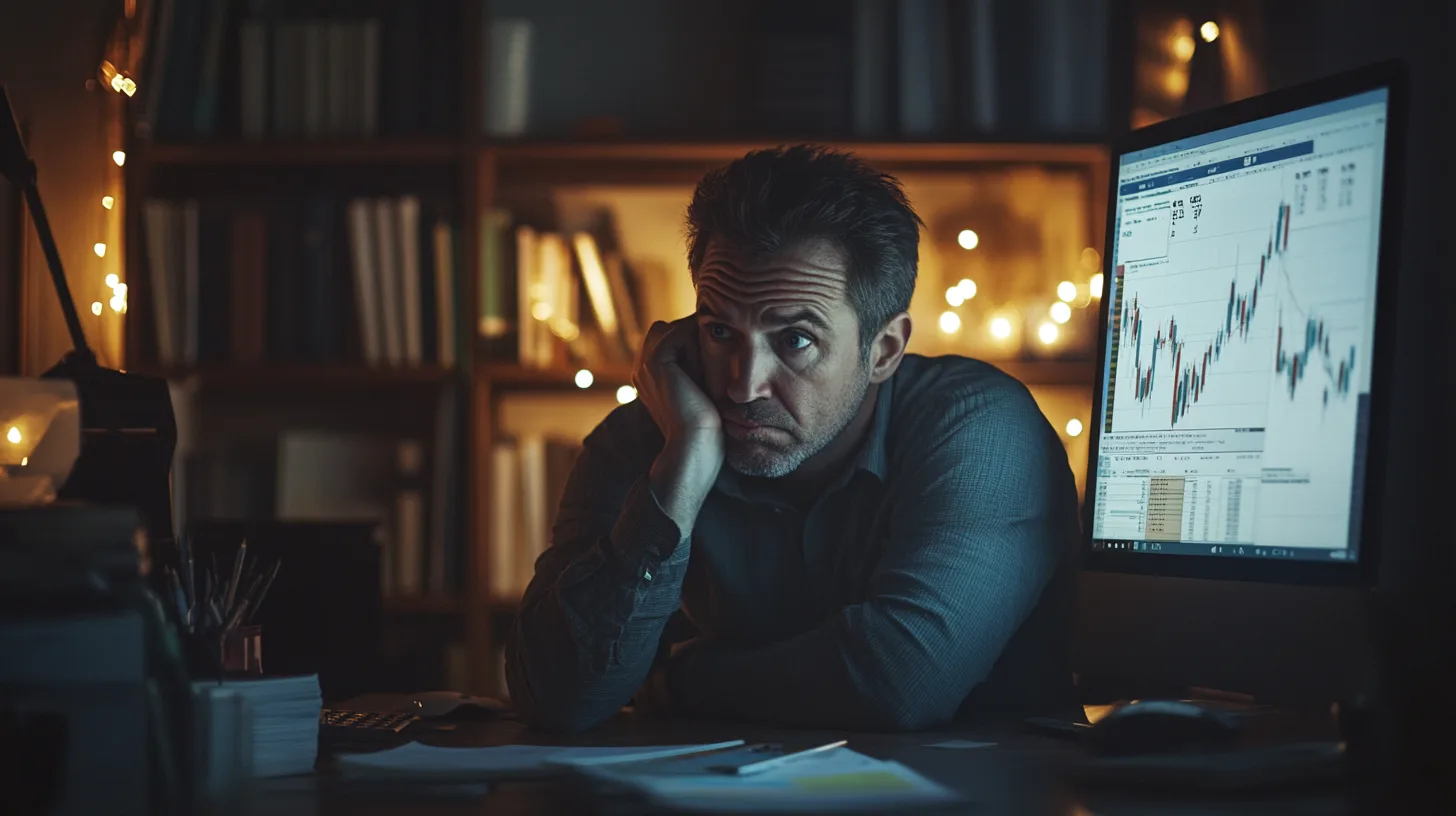 Midcent: En frustrerad man vid datorn analyserar fallande aktiekurvor i ett dunkelt kontor, omgivet av böcker och svagt ljus. Finansiell stress och osäkerhet reflekteras i hans blick. Kategori: Ekonomi.
