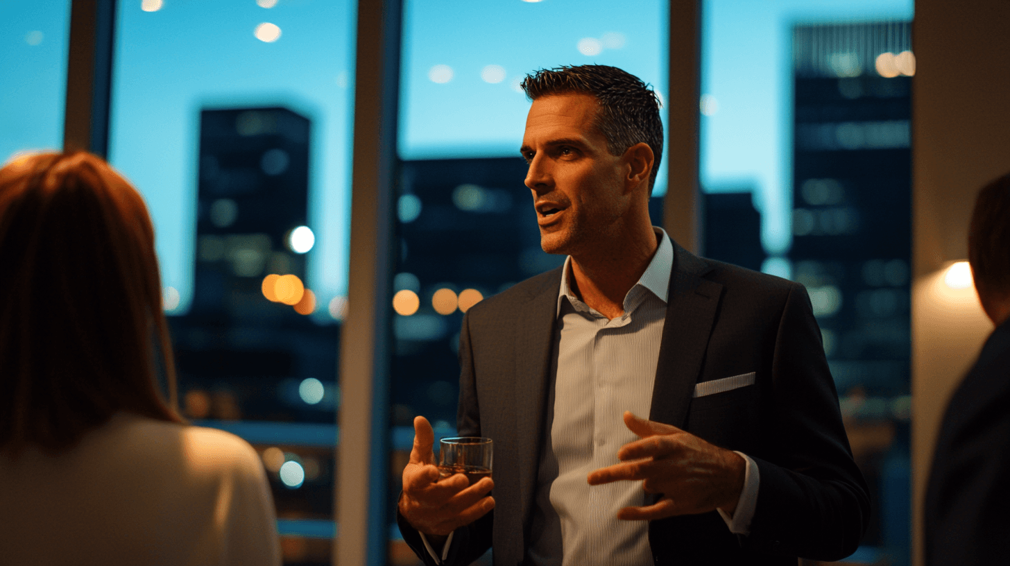 Midcent: En medelålders man i elegant mötesmiljö, klädd i kostym med drink i handen, diskuterar med kollegor, omgiven av stadens nattsilhuett. Affärsnätverkande i modern kontorsmiljö. Kategori: Ekonomi.