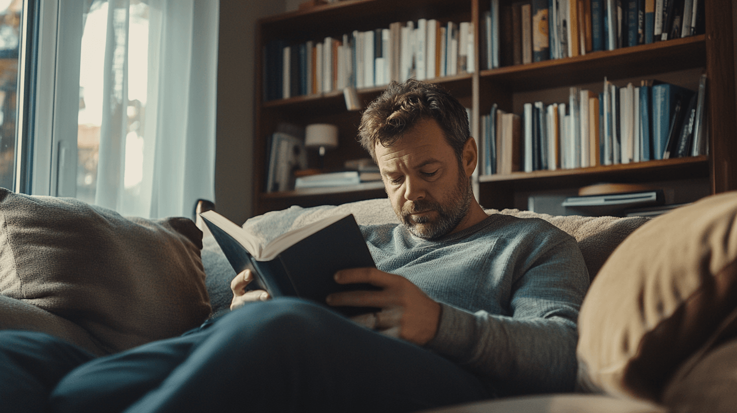 En man sitter avslappnat på soffan, fördjupad i en bok i ett hemtrevligt bibliotek. Ljusa gardiner släpper in naturligt ljus, vilket skapar en lugnande atmosfär för läsning.Midcent: Underhållning.
