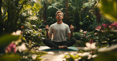 Midcent: En man mediterar i en frodig trädgård omgiven av grönska. Avslappning och mindfulness i en naturskön miljö ger en känsla av inre frid och balans. Perfekt för avkoppling och stresshantering.Hälsa.