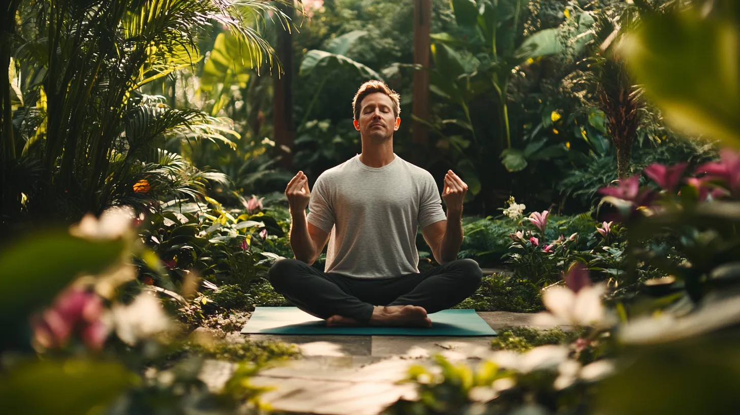 Midcent: En man mediterar i en frodig trädgård omgiven av grönska. Avslappning och mindfulness i en naturskön miljö ger en känsla av inre frid och balans. Perfekt för avkoppling och stresshantering.Hälsa.