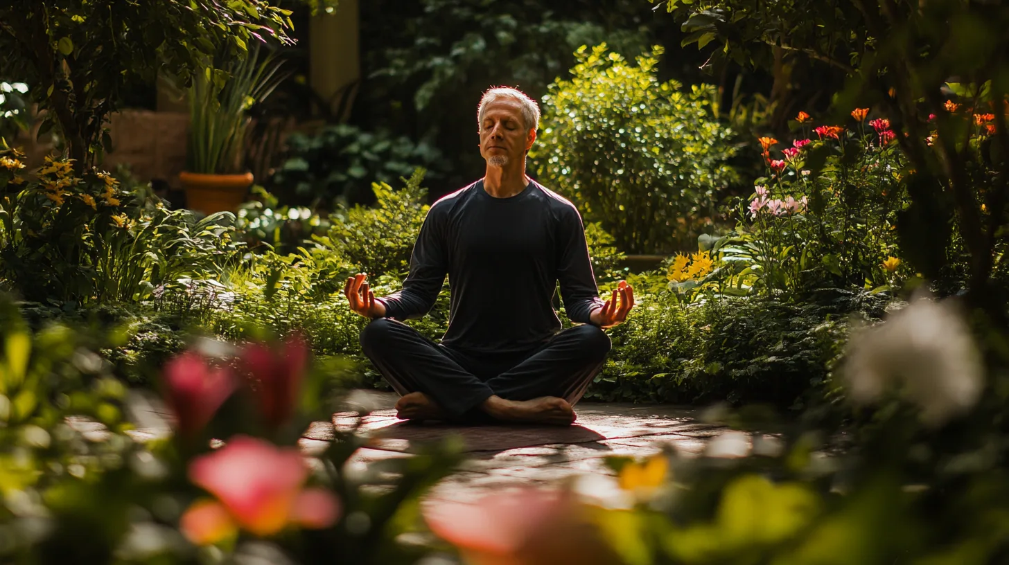 Midcent: En man mediterar i en frodig grön trädgård, omgiven av blommor och växter, vilket förmedlar lugn och avkoppling. Perfekt för mindfulness och inre ro. Kategori: Hälsa.
