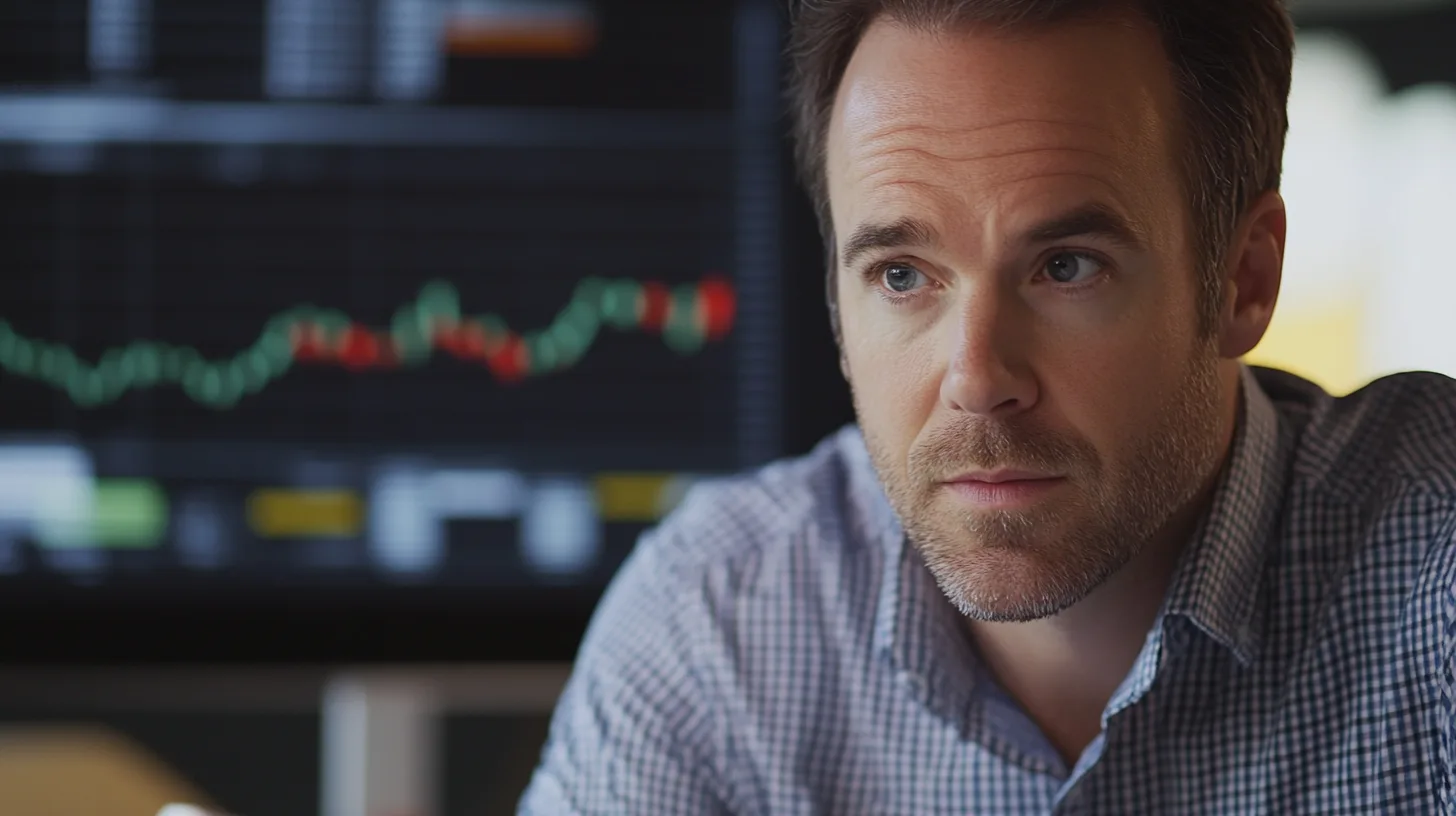 Midcent Ekonomi: En fokuserad person vid en datorskärm med aktiekurvor i bakgrunden, symboliserar finansiell analys och investeringar. Perfekt för ekonomi och finansmarknadsrelaterade ämnen.