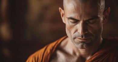 Midcent: En medelålders man i orange klädsel mediterar i ett tyst, fokuserat tillstånd. Bilden förmedlar en känsla av inre frid och balans. Kategori: Samhälle.