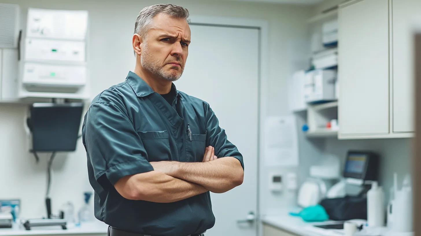 Midcent: En medelålders man står i ett professionellt rum, iklädd en mörk arbetsdräkt och med armarna i kors, vilket ger en känsla av kompetens och beslutsamhet. Kategori: Hälsa.