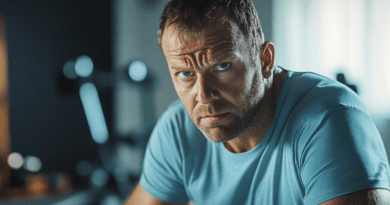Midcent: En medelålders man i träningsmiljö med fokus och beslutsamhet. Svettpärlor syns på ansiktet, vilket indikerar fysisk ansträngning. Den oskarpa bakgrunden antyder gymutrustning. Kategori: Hälsa.