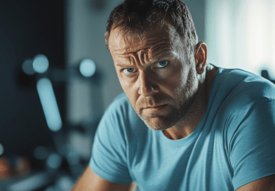 Midcent: En medelålders man i träningsmiljö med fokus och beslutsamhet. Svettpärlor syns på ansiktet, vilket indikerar fysisk ansträngning. Den oskarpa bakgrunden antyder gymutrustning. Kategori: Hälsa.