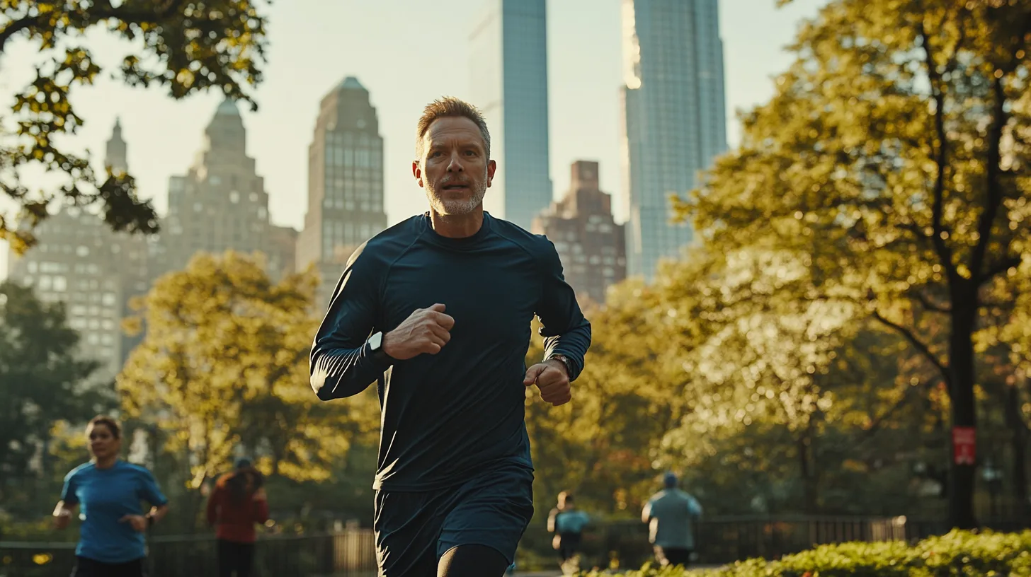 Midcent: En man springer i en park med stadssilhuett i bakgrunden. Morgonsol strålar genom träden och flera personer joggar. Perfekt för att porträttera aktiv livsstil och friskvård. Nyckelord: löpning, hälsa, stadsliv, natur.