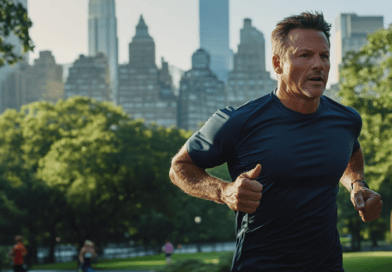 Midcent: En man joggar i en grönskande park med stadssilhuett i bakgrunden, vilket symboliserar hälsosam livsstil och urban träning. Perfekt för att inspirera till motion i storstaden. Kategori: Hälsa.