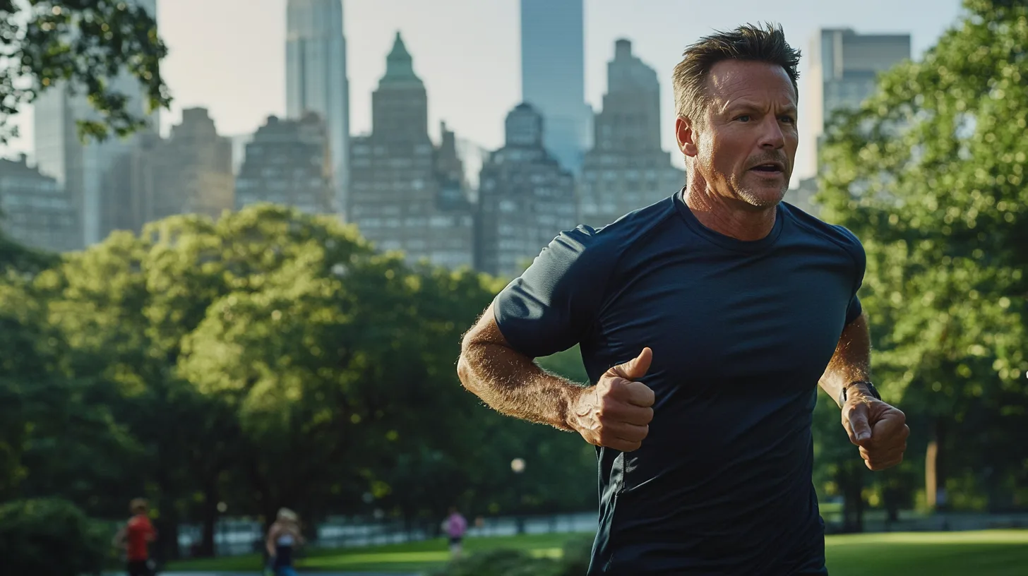 Midcent: En man joggar i en grönskande park med stadssilhuett i bakgrunden, vilket symboliserar hälsosam livsstil och urban träning. Perfekt för att inspirera till motion i storstaden. Kategori: Hälsa.