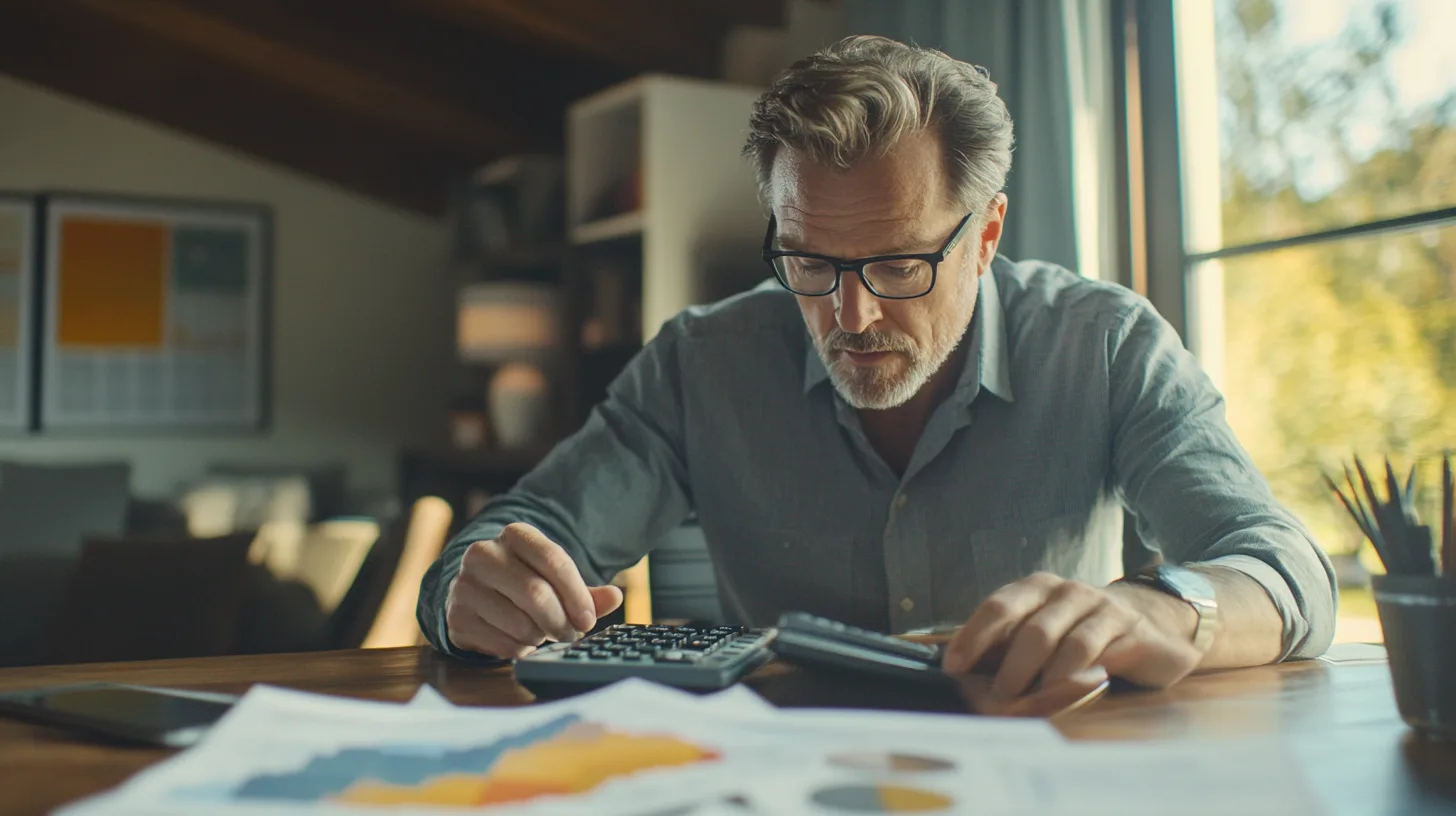 Midcent: En medelålders man koncentrerar sig på att analysera ekonomiska dokument med hjälp av miniräknare i ett hemmakontor. Fokus på finansiell planering och strategisk budgetering.Kategori: Ekonomi.