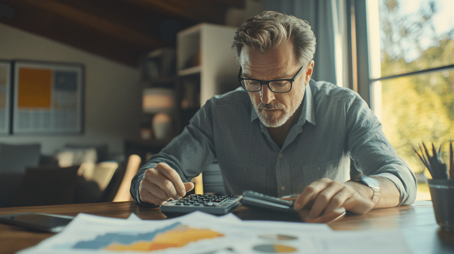 Midcent: En medelålders man koncentrerar sig på att analysera ekonomiska dokument med hjälp av miniräknare i ett hemmakontor. Fokus på finansiell planering och strategisk budgetering.Kategori: Ekonomi.