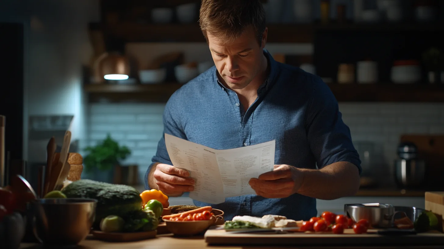 Midcent: En medelålders man granskar ett recept i ett modernt kök, omgivet av färska grönsaker och ingredienser. Fokus på hälsosam matlagning och kulinarisk inspiration. Kategori: Mat.