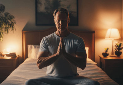 Midcent: En man mediterar i ett lugnt sovrum, omgiven av dämpad belysning och grönska. Perfekt harmoni och avkoppling. Kategorin: Hälsa.