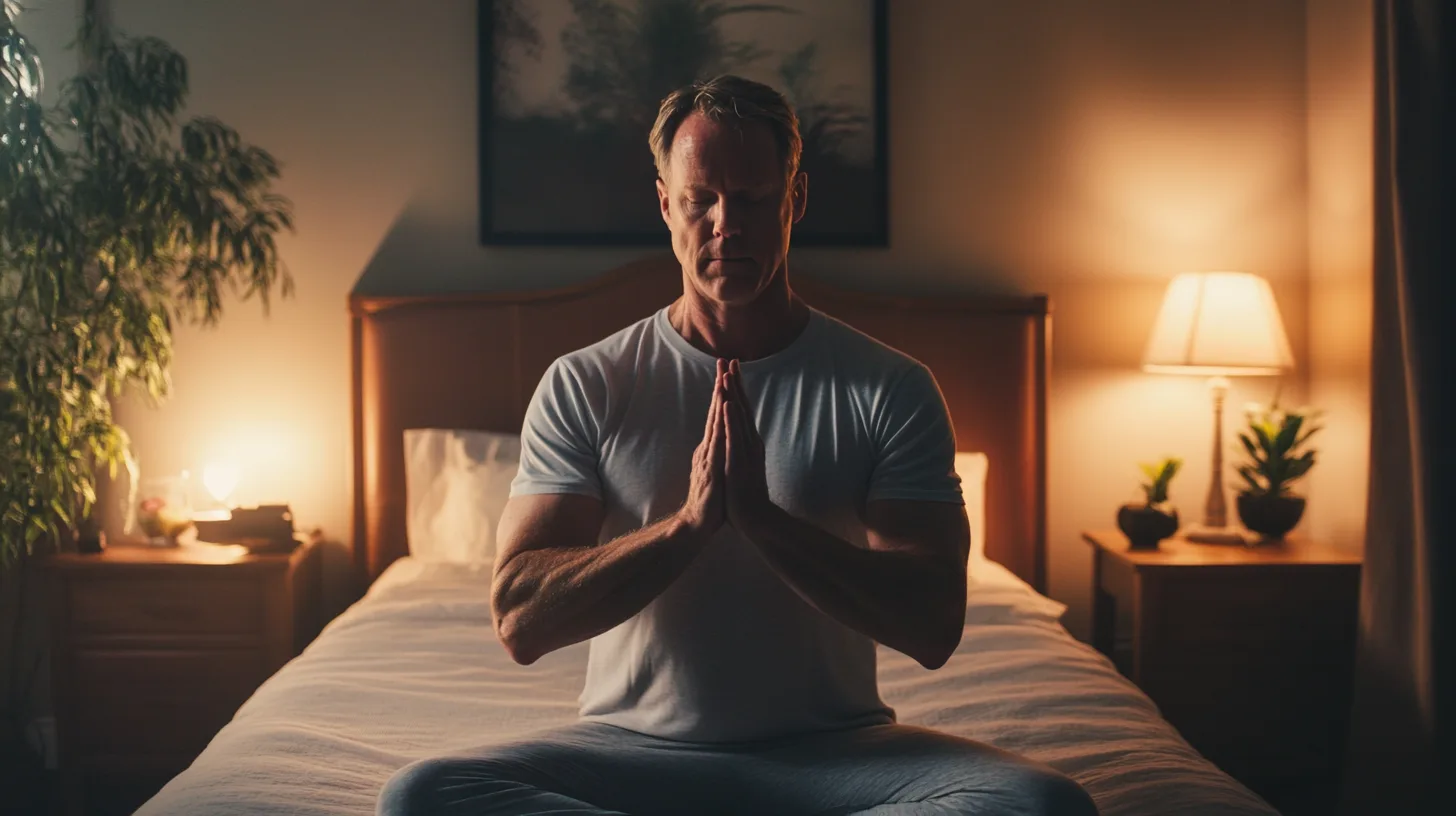 Midcent: En man mediterar i ett lugnt sovrum, omgiven av dämpad belysning och grönska. Perfekt harmoni och avkoppling. Kategorin: Hälsa.