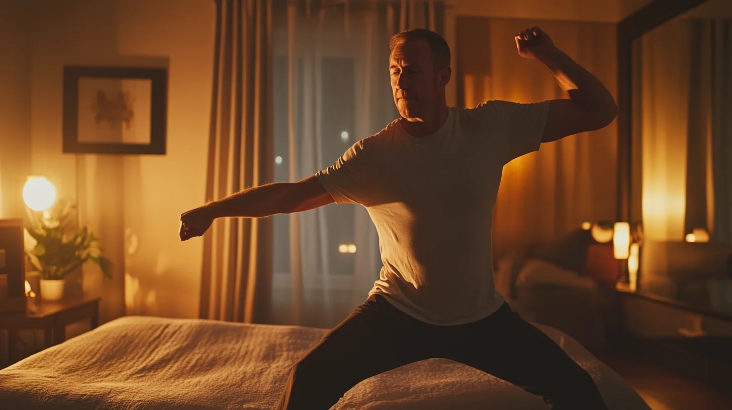 Midcent: Bild av en man i avkopplande yogaövning i ett stämningsfullt belyst sovrum, vilket skapar en lugn och meditativ atmosfär. Perfekt för avslappning och mindfulness. Kategori: Hälsa.