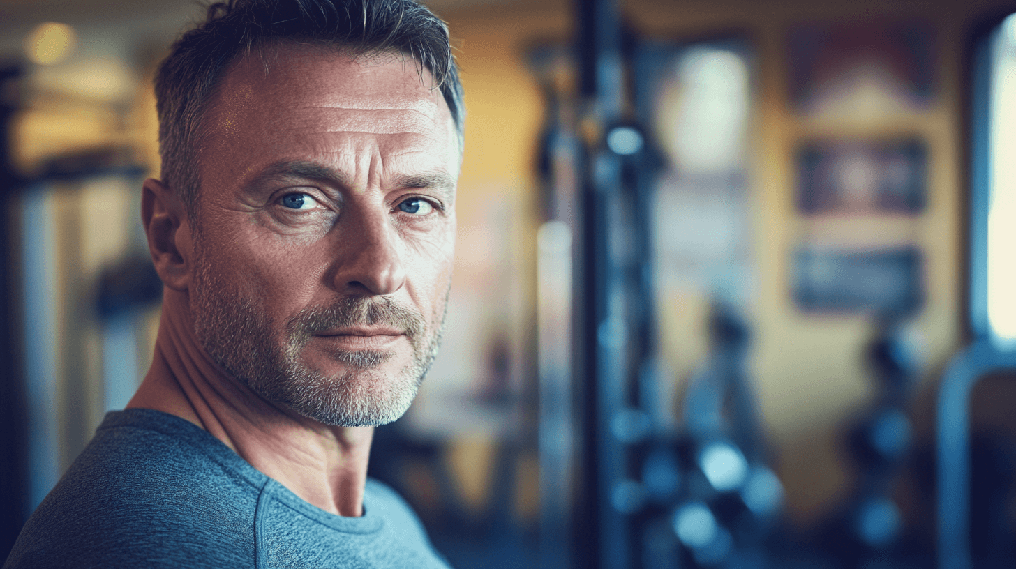 Midcent - En medelålders man i gymmiljö, utstrålar hälsa och fitness. Bilden fångar styrka och välbefinnande, idealisk för innehåll inom träning och personlig utveckling. Kategori: Hälsa.