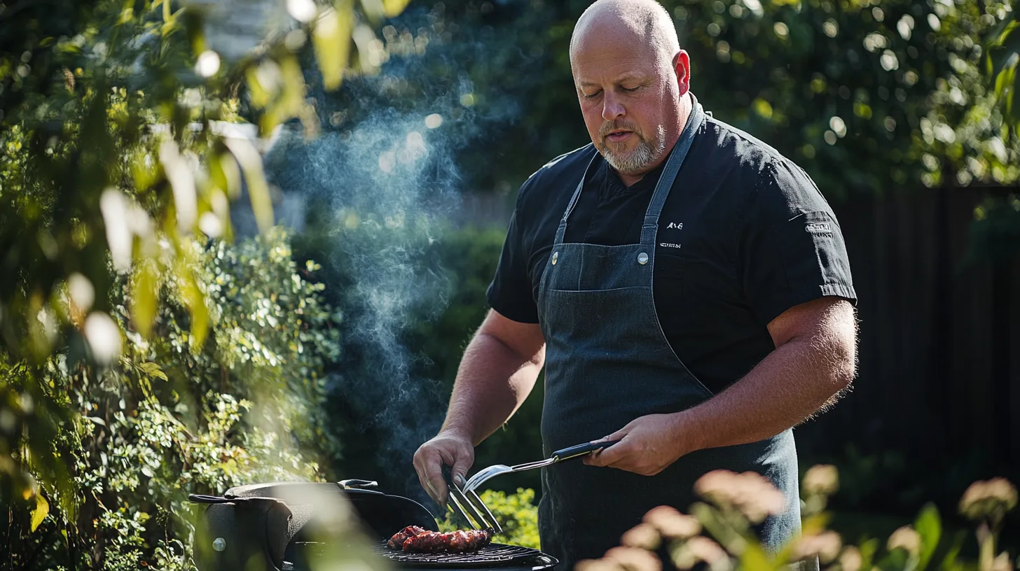 En medelålders man grillar kött i en grönskande trädgård, vilket skapar en idyllisk sommarscen. Perfekt för matintresserade som söker inspiration för utomhusmatlagning.Midcent: Mat.