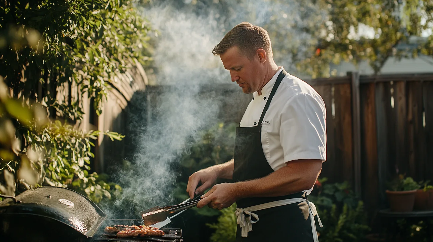 Midcent: En medelålders man grillar i en grönskande trädgård, omgiven av rök och somrig atmosfär. Han är klädd i kockuniform och använder en grilltång. Perfekt för sommarens matupplevelser. Kategori: Mat.